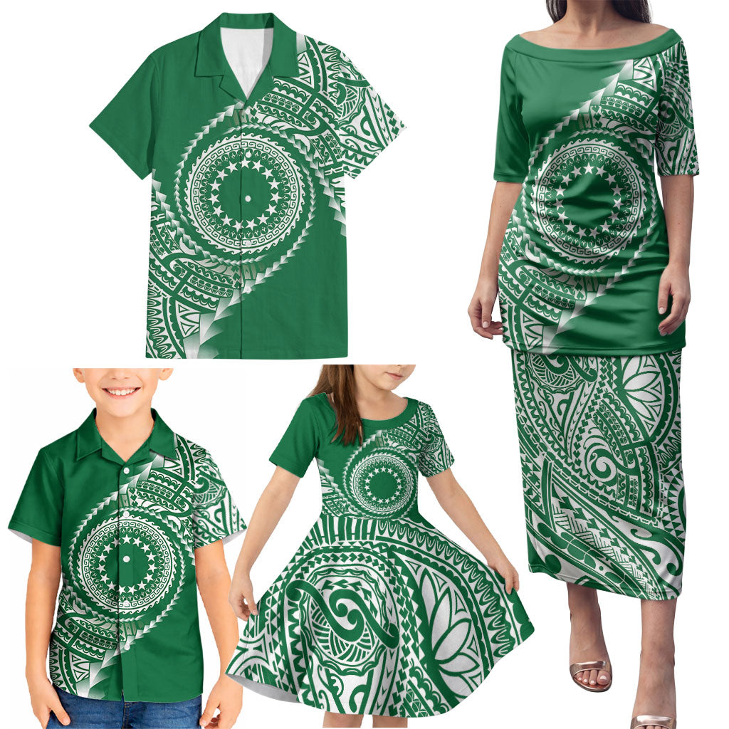 Cook Islands Gospel Day Family Matching Puletasi and Hawaiian Shirt Green Tribal Curves LT05 - Polynesian Pride
