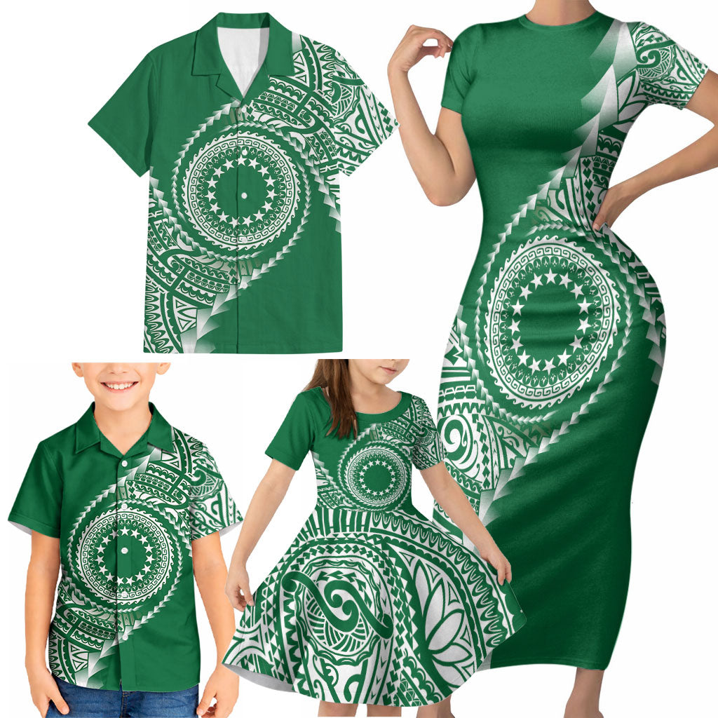 Cook Islands Gospel Day Family Matching Short Sleeve Bodycon Dress and Hawaiian Shirt Green Tribal Curves LT05 - Polynesian Pride