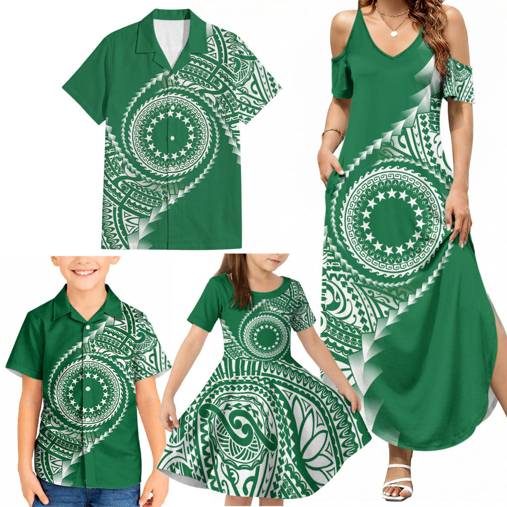 Cook Islands Gospel Day Family Matching Summer Maxi Dress and Hawaiian Shirt Green Tribal Curves LT05 - Polynesian Pride