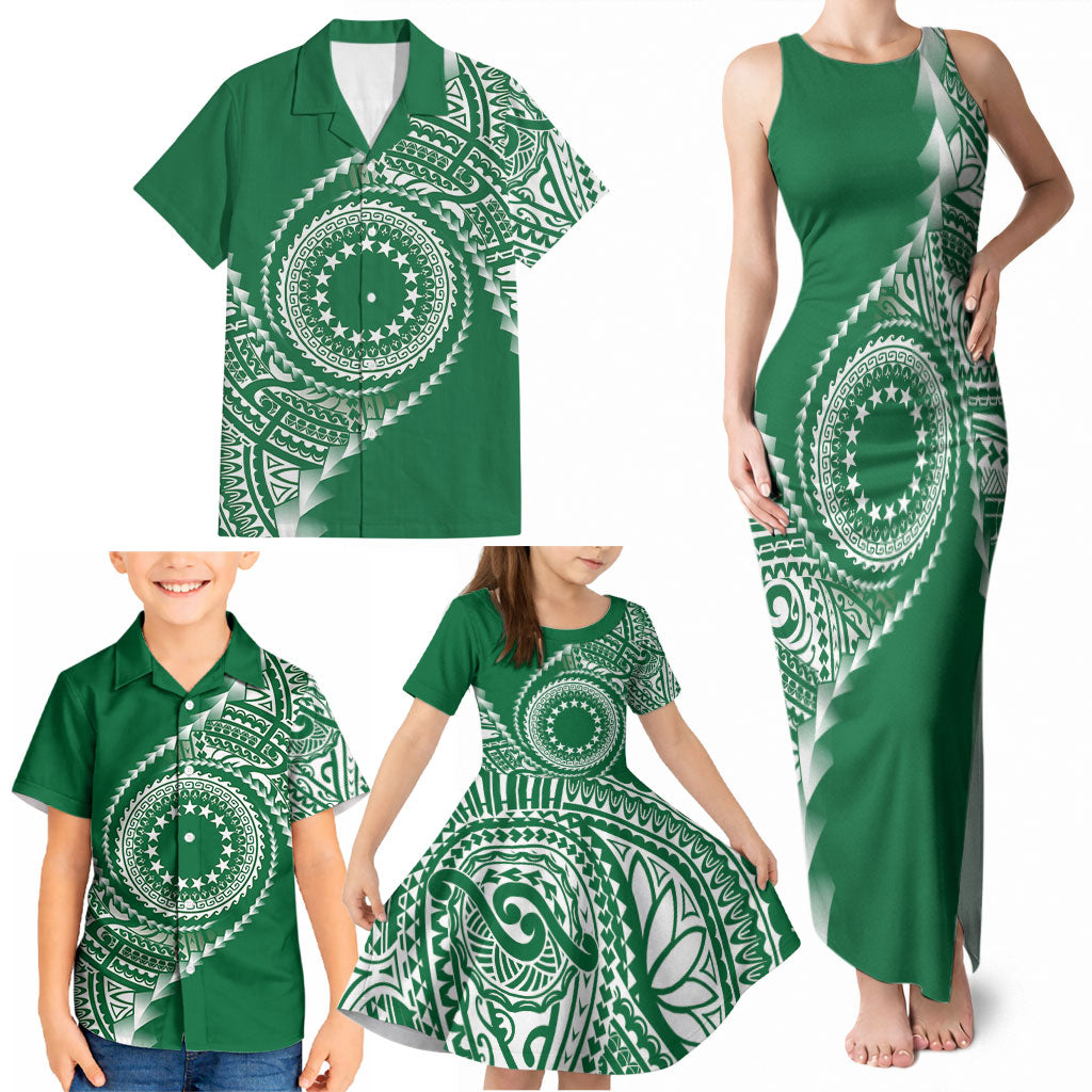 Cook Islands Gospel Day Family Matching Tank Maxi Dress and Hawaiian Shirt Green Tribal Curves LT05 - Polynesian Pride