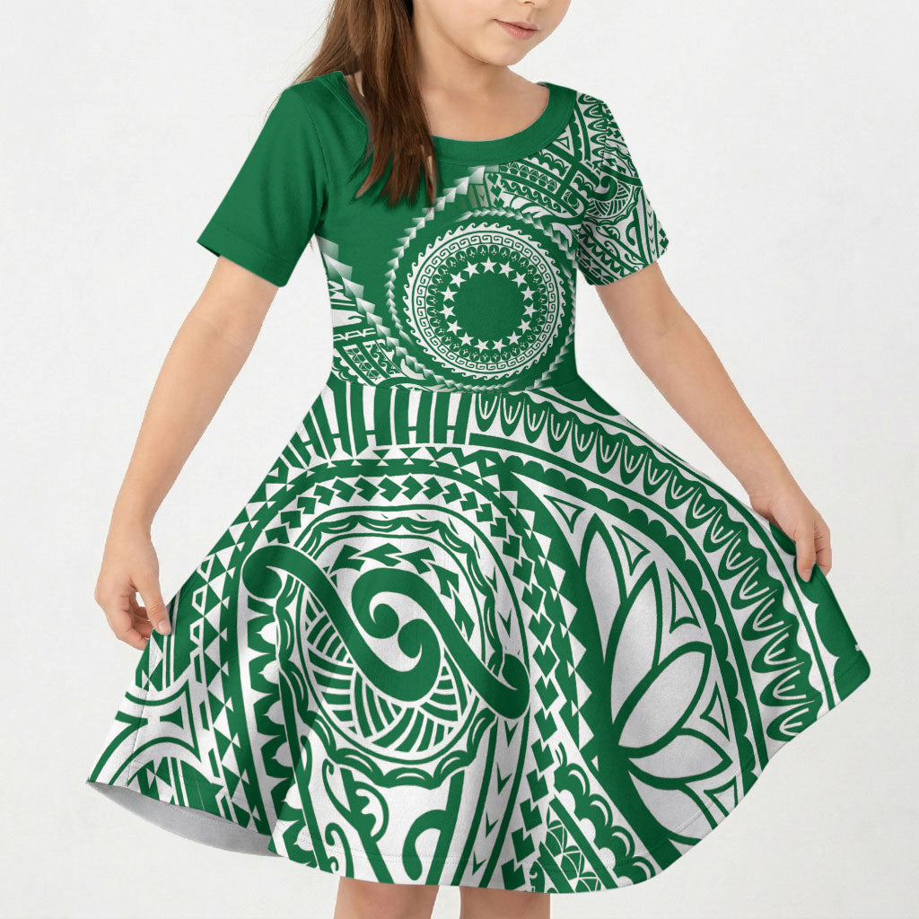 Cook Islands Gospel Day Kid Short Sleeve Dress Green Tribal Curves LT05 KID Green - Polynesian Pride