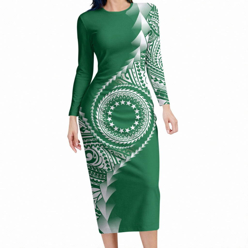 Cook Islands Gospel Day Long Sleeve Bodycon Dress Green Tribal Curves