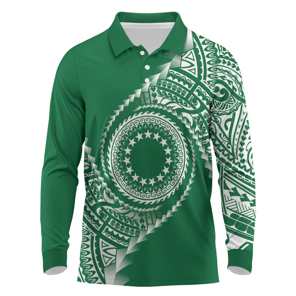 Cook Islands Gospel Day Long Sleeve Polo Shirt Green Tribal Curves LT05 Green - Polynesian Pride
