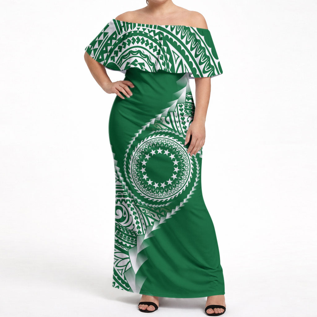 Cook Islands Gospel Day Off Shoulder Maxi Dress Green Tribal Curves LT05 Women Green - Polynesian Pride