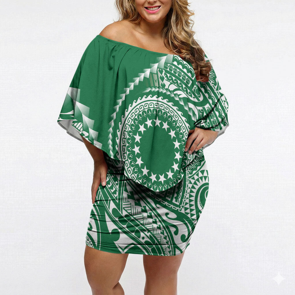 Cook Islands Gospel Day Off Shoulder Short Dress Green Tribal Curves LT05 Women Green - Polynesian Pride