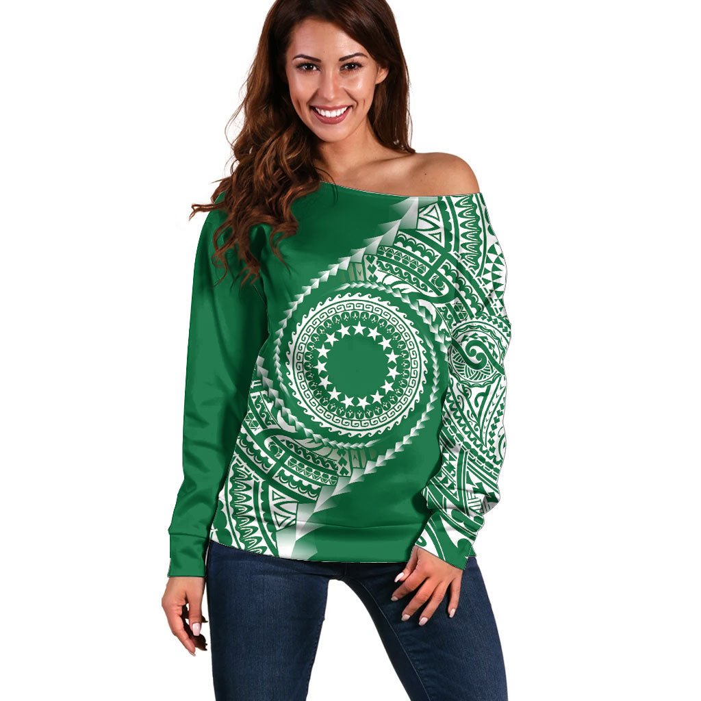 Cook Islands Gospel Day Off Shoulder Sweater Green Tribal Curves LT05 Women Green - Polynesian Pride