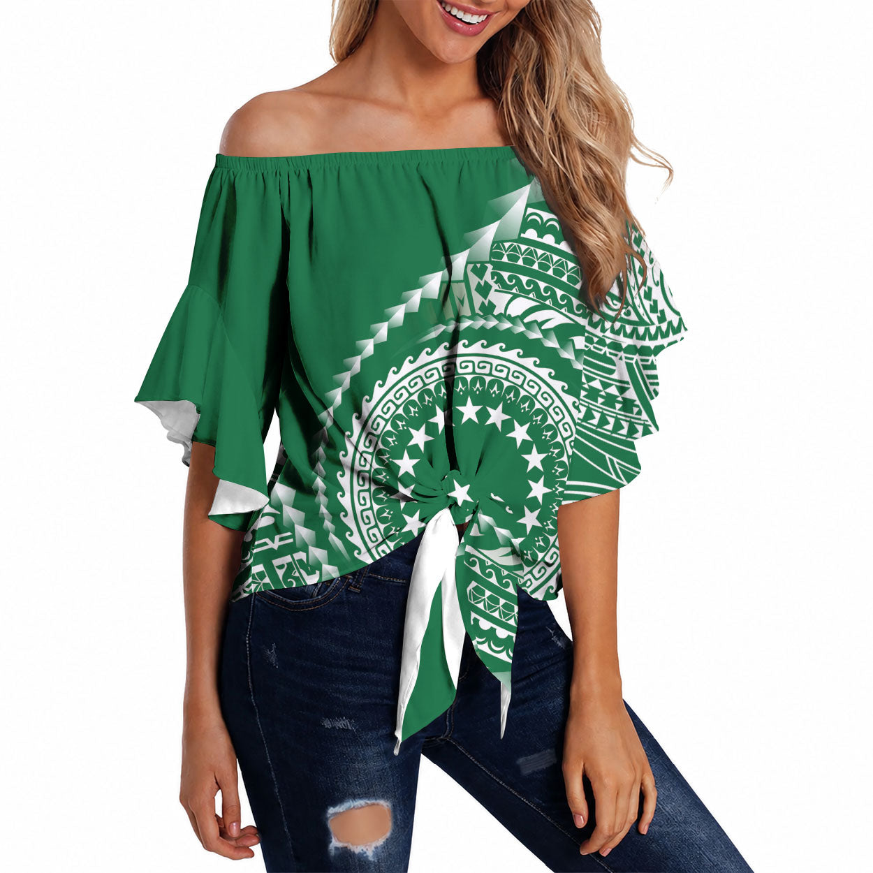 Cook Islands Gospel Day Off Shoulder Wrap Waist Top Green Tribal Curves LT05 Green - Polynesian Pride