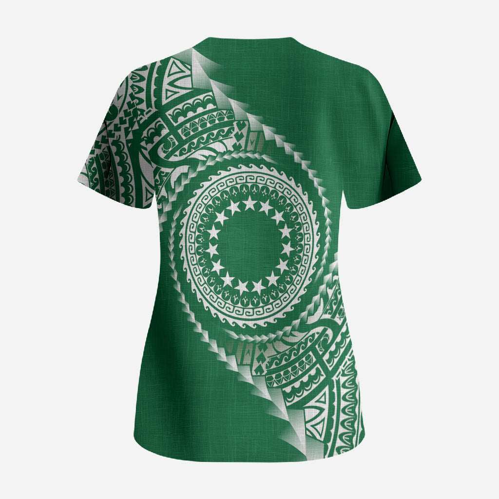 Cook Islands Gospel Day Scrub Top Green Tribal Curves