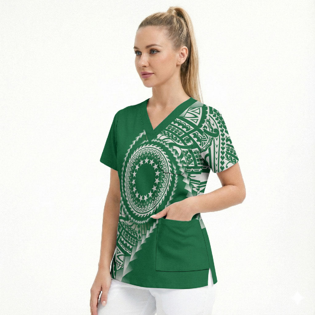 Cook Islands Gospel Day Scrub Top Green Tribal Curves