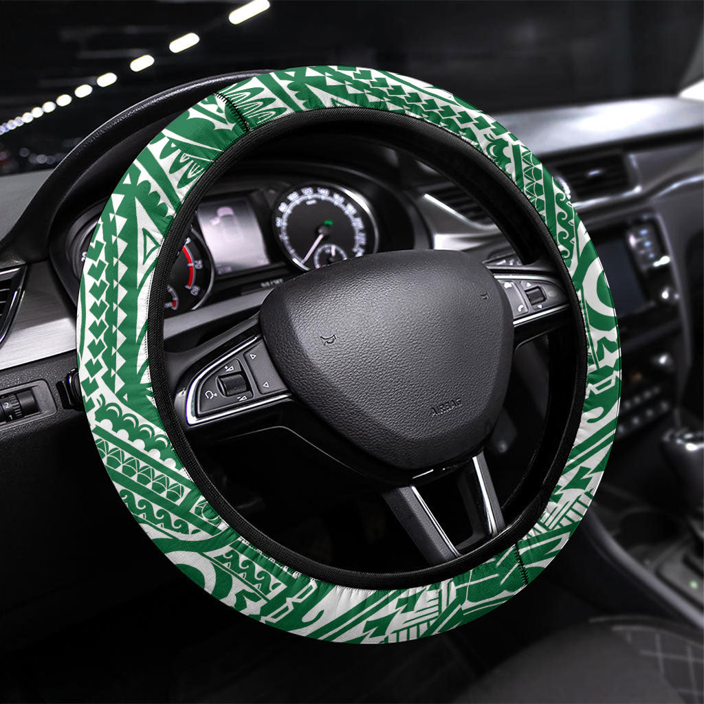 Cook Islands Gospel Day Steering Wheel Cover Green Tribal Curves LT05 Universal Fit Green - Polynesian Pride