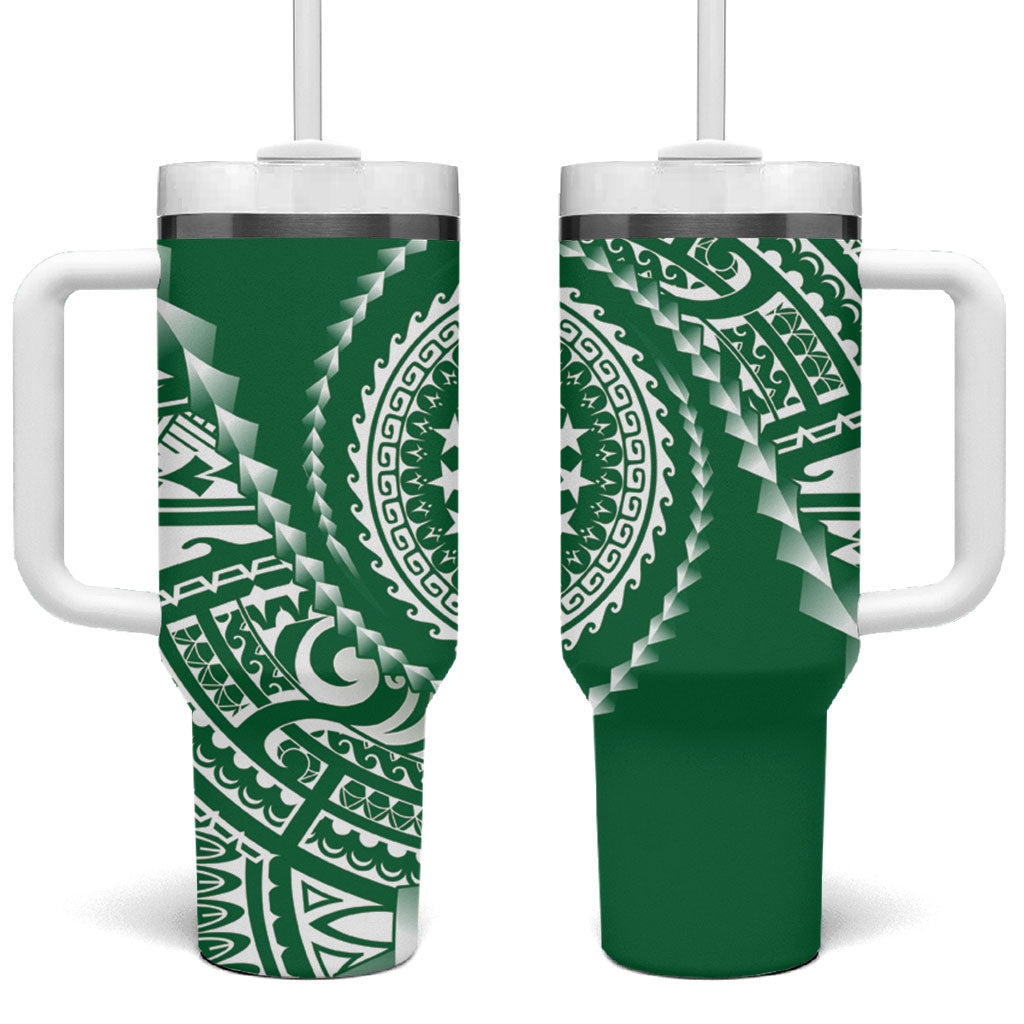 Cook Islands Gospel Day Tumbler With Handle Green Tribal Curves LT05 One Size: 40 oz Green - Polynesian Pride