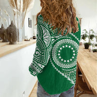 Cook Islands Gospel Day Women Casual Shirt Green Tribal Curves