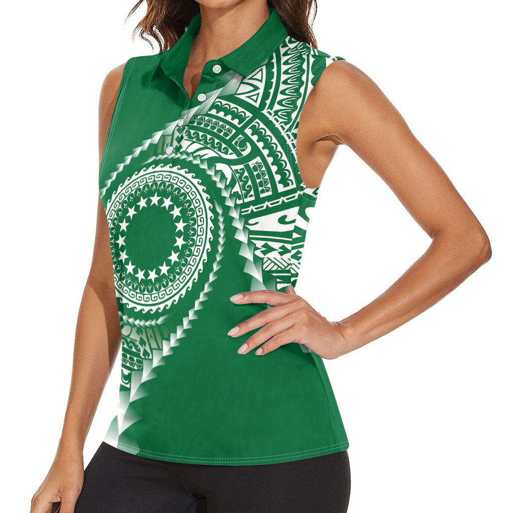 Cook Islands Gospel Day Women Sleeveless Polo Shirt Green Tribal Curves