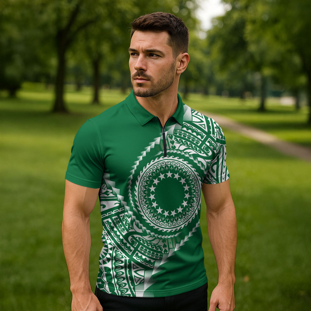 Cook Islands Gospel Day Zipper Polo Shirt Green Tribal Curves