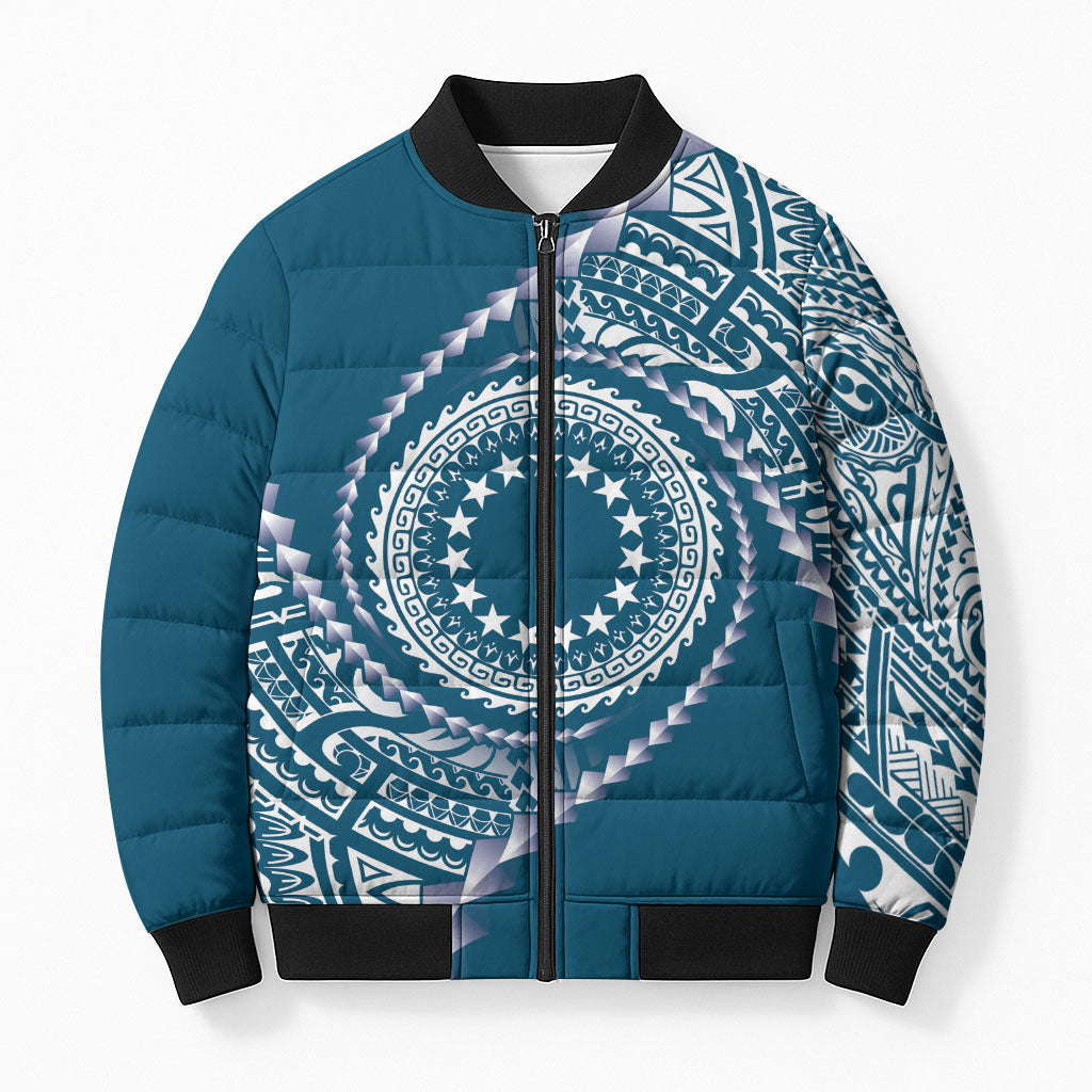 Cook Islands Gospel Day Bomber Puffer Jacket Blue Tribal Curves LT05 Unisex Blue - Polynesian Pride
