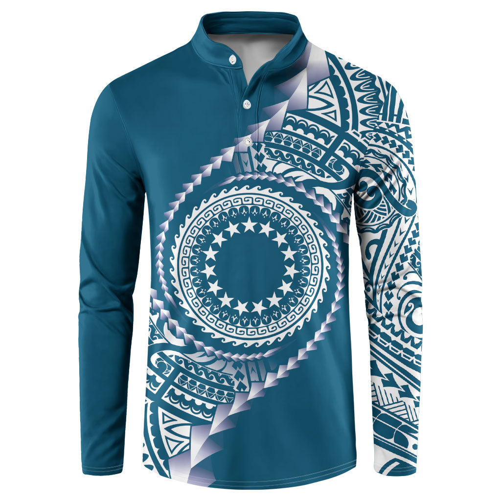 Cook Islands Gospel Day Button Sweatshirt Blue Tribal Curves LT05 Blue - Polynesian Pride