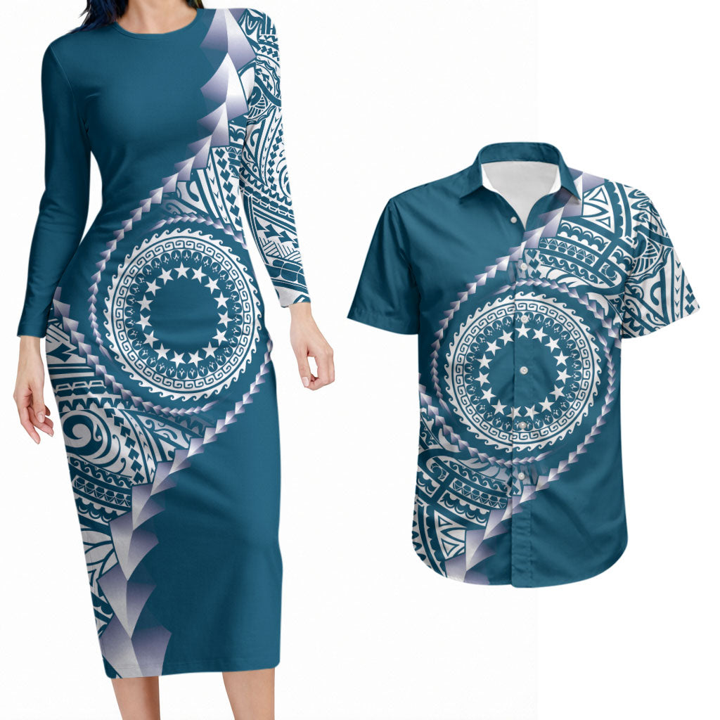 Cook Islands Gospel Day Couples Matching Long Sleeve Bodycon Dress and Hawaiian Shirt Blue Tribal Curves LT05 Blue - Polynesian Pride