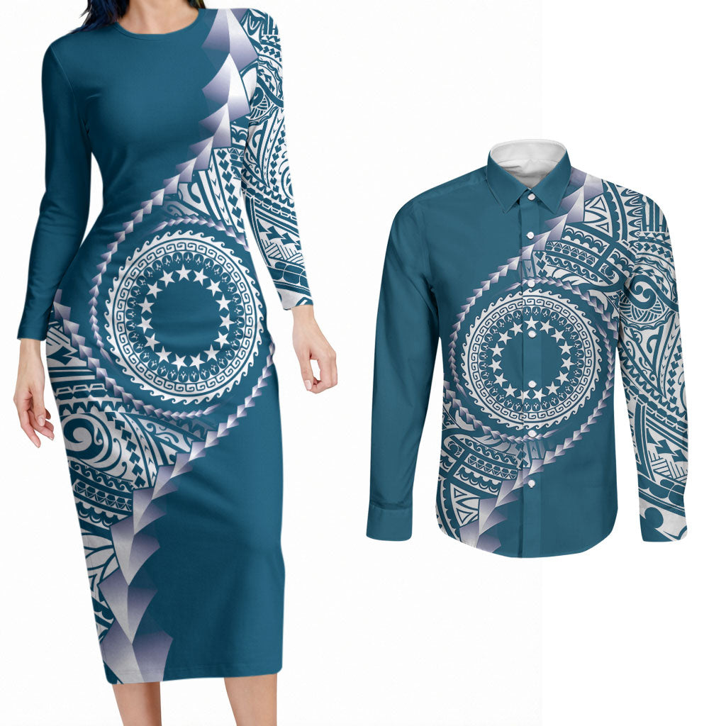 Cook Islands Gospel Day Couples Matching Long Sleeve Bodycon Dress and Long Sleeve Button Shirt Blue Tribal Curves