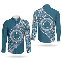 Cook Islands Gospel Day Couples Matching Long Sleeve Bodycon Dress and Long Sleeve Button Shirt Blue Tribal Curves