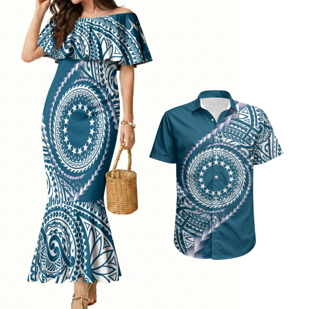 Cook Islands Gospel Day Couples Matching Mermaid Dress and Hawaiian Shirt Blue Tribal Curves