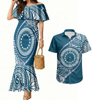 Cook Islands Gospel Day Couples Matching Mermaid Dress and Hawaiian Shirt Blue Tribal Curves