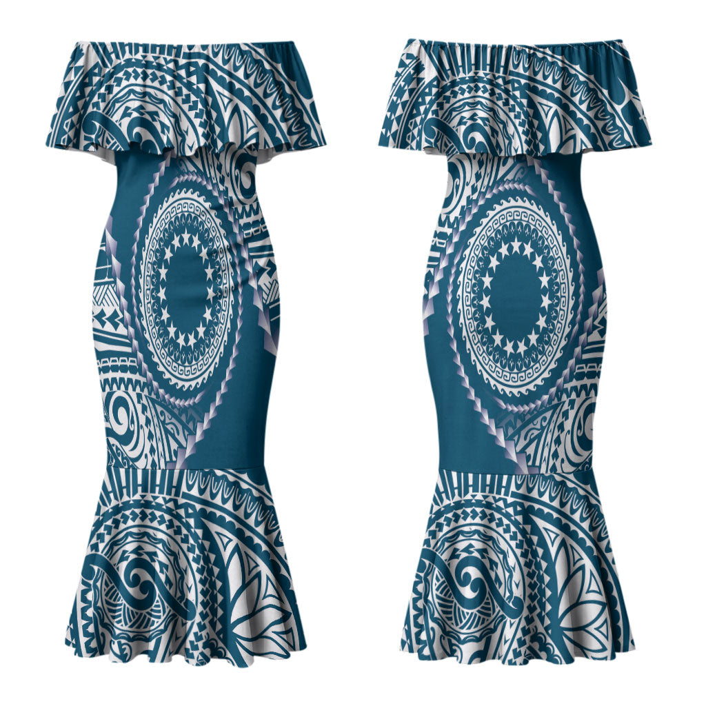 Cook Islands Gospel Day Couples Matching Mermaid Dress and Hawaiian Shirt Blue Tribal Curves