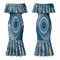 Cook Islands Gospel Day Couples Matching Mermaid Dress and Hawaiian Shirt Blue Tribal Curves