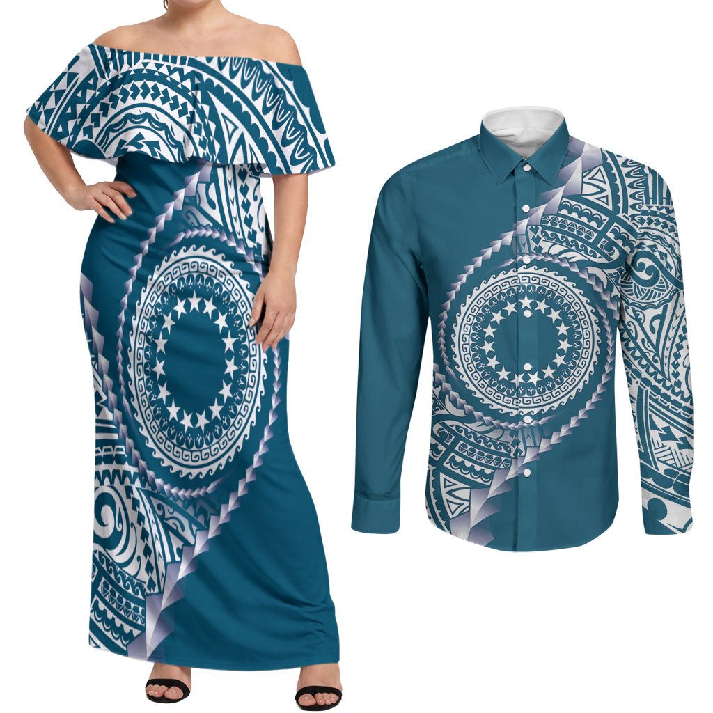Cook Islands Gospel Day Couples Matching Off Shoulder Maxi Dress and Long Sleeve Button Shirt Blue Tribal Curves LT05 Blue - Polynesian Pride