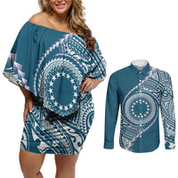 Cook Islands Gospel Day Couples Matching Off Shoulder Short Dress and Long Sleeve Button Shirt Blue Tribal Curves