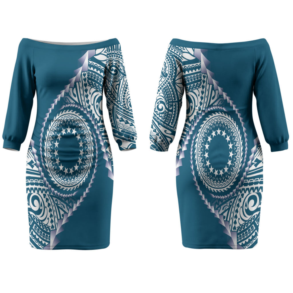 Cook Islands Gospel Day Couples Matching Off The Shoulder Long Sleeve Dress and Hawaiian Shirt Blue Tribal Curves