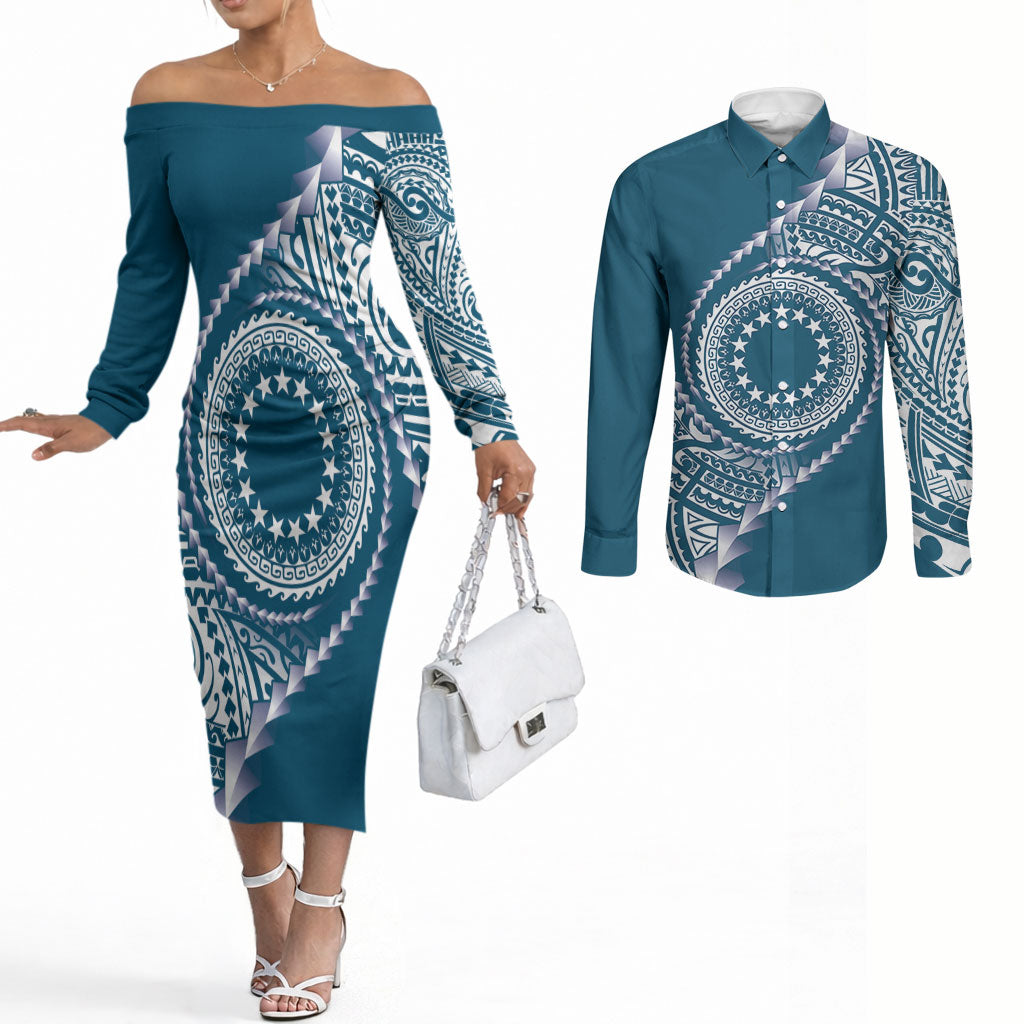 Cook Islands Gospel Day Couples Matching Off The Shoulder Long Sleeve Dress and Long Sleeve Button Shirt Blue Tribal Curves