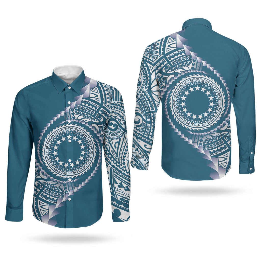 Cook Islands Gospel Day Couples Matching Off The Shoulder Long Sleeve Dress and Long Sleeve Button Shirt Blue Tribal Curves