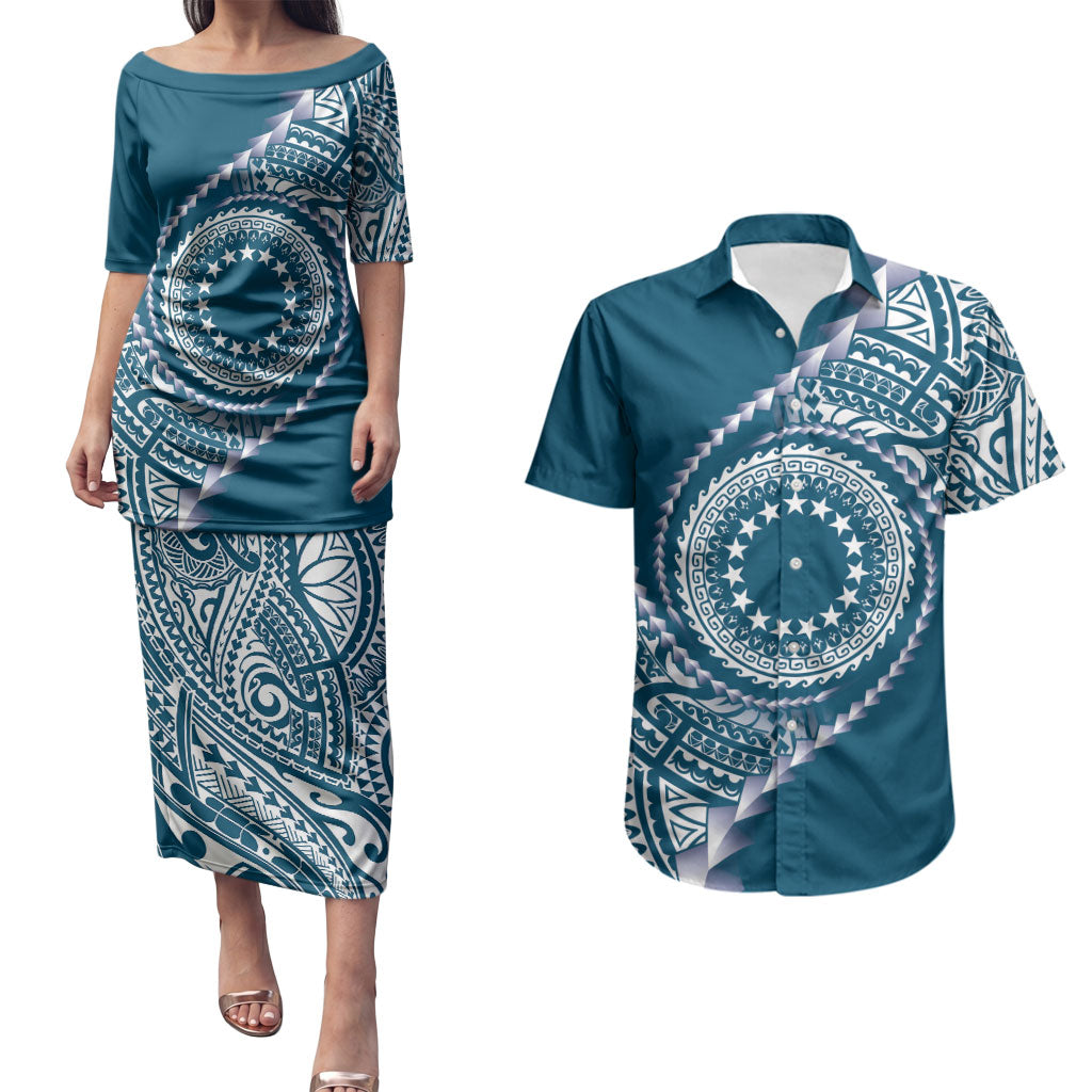 Cook Islands Gospel Day Couples Matching Puletasi and Hawaiian Shirt Blue Tribal Curves LT05 Blue - Polynesian Pride