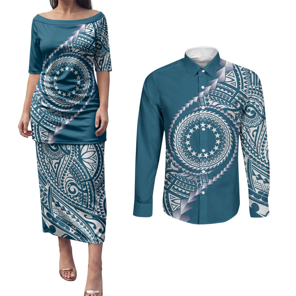 Cook Islands Gospel Day Couples Matching Puletasi and Long Sleeve Button Shirt Blue Tribal Curves LT05 Blue - Polynesian Pride