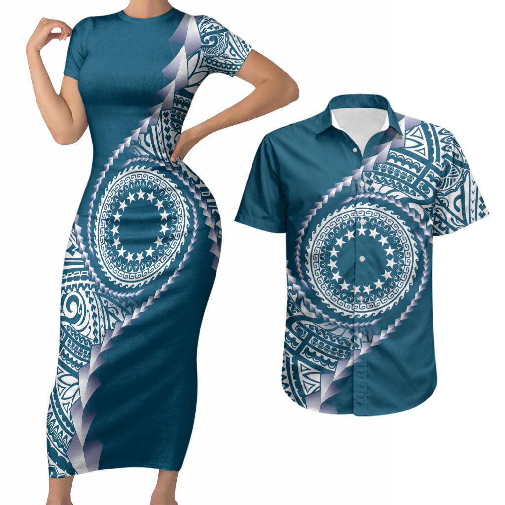 Cook Islands Gospel Day Couples Matching Short Sleeve Bodycon Dress and Hawaiian Shirt Blue Tribal Curves LT05 Blue - Polynesian Pride