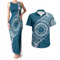 Cook Islands Gospel Day Couples Matching Tank Maxi Dress and Hawaiian Shirt Blue Tribal Curves