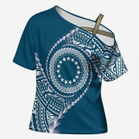 Cook Islands Gospel Day Cross Shoulder Shirt Blue Tribal Curves