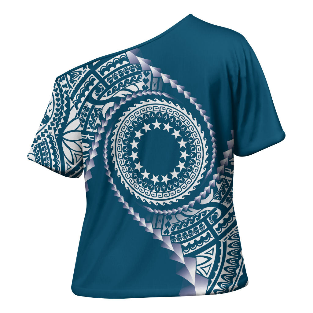 Cook Islands Gospel Day Cross Shoulder Shirt Blue Tribal Curves