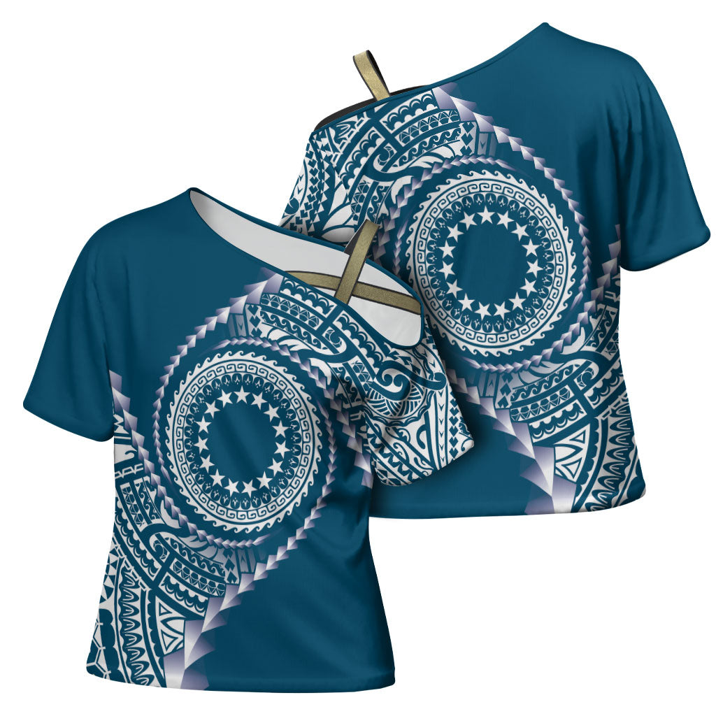 Cook Islands Gospel Day Cross Shoulder Shirt Blue Tribal Curves