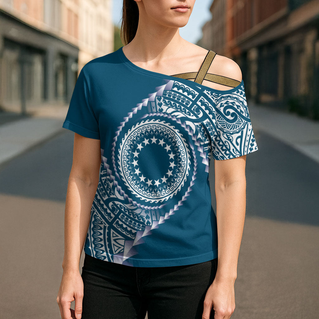 Cook Islands Gospel Day Cross Shoulder Shirt Blue Tribal Curves