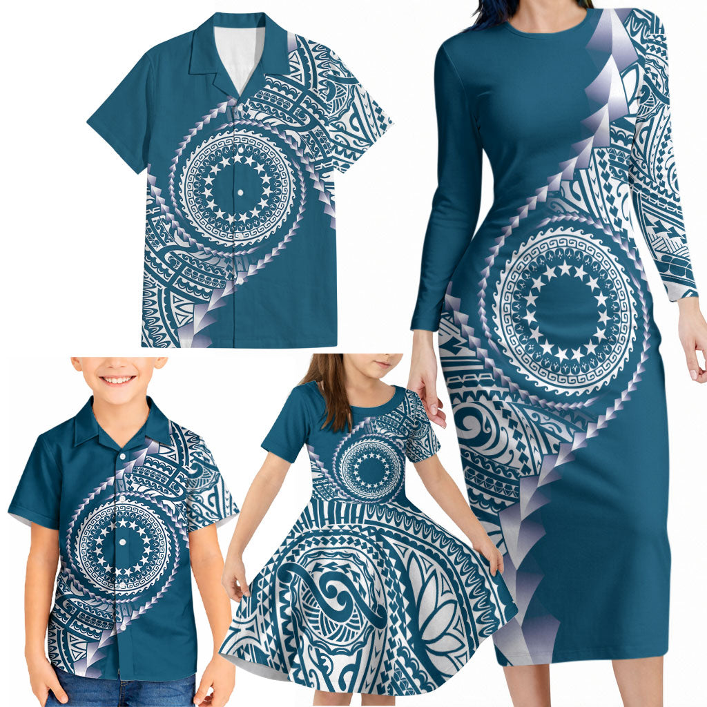 Cook Islands Gospel Day Family Matching Long Sleeve Bodycon Dress and Hawaiian Shirt Blue Tribal Curves LT05 - Polynesian Pride