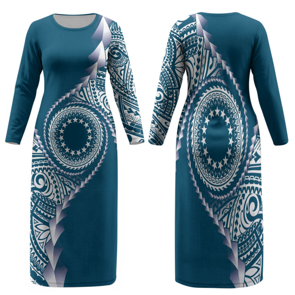 Cook Islands Gospel Day Family Matching Long Sleeve Bodycon Dress and Hawaiian Shirt Blue Tribal Curves