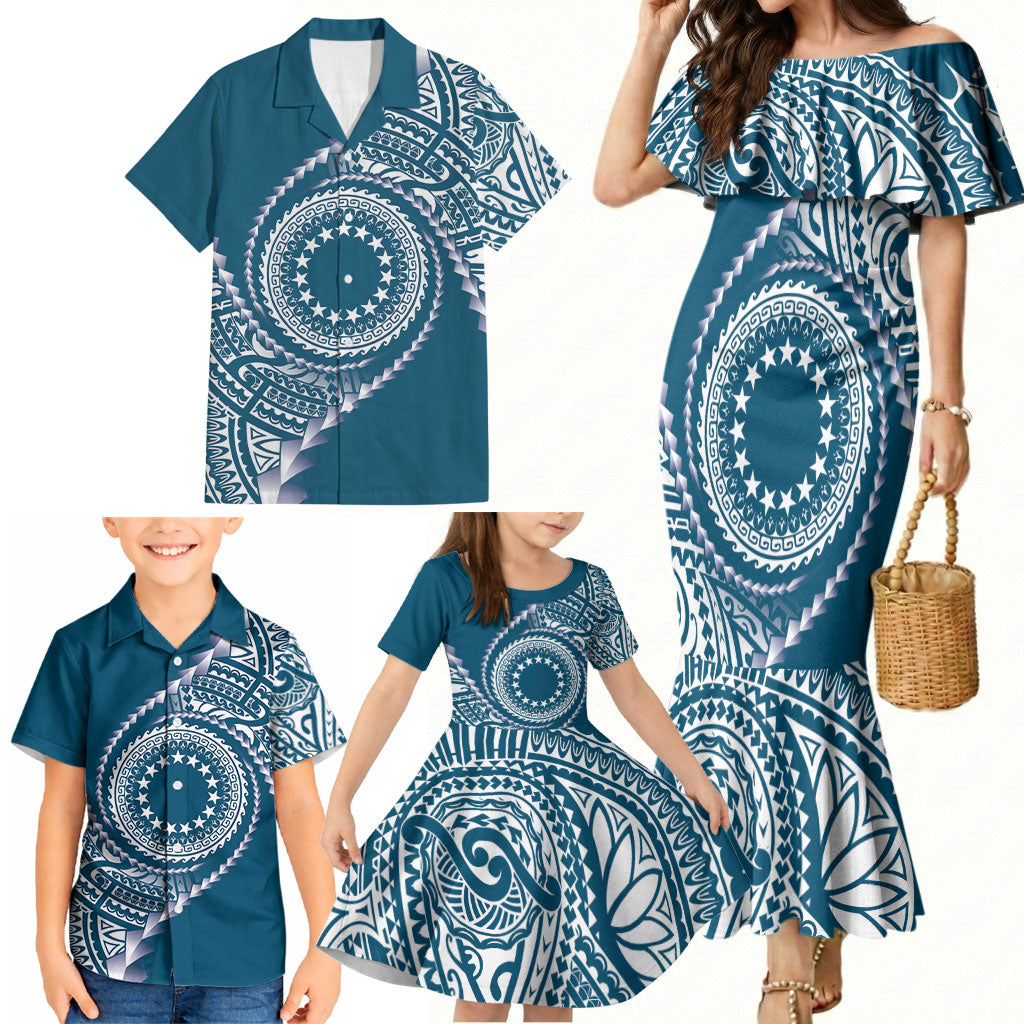 Cook Islands Gospel Day Family Matching Mermaid Dress and Hawaiian Shirt Blue Tribal Curves LT05 - Polynesian Pride