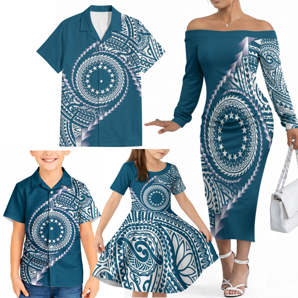Cook Islands Gospel Day Family Matching Off The Shoulder Long Sleeve Dress and Hawaiian Shirt Blue Tribal Curves LT05 - Polynesian Pride