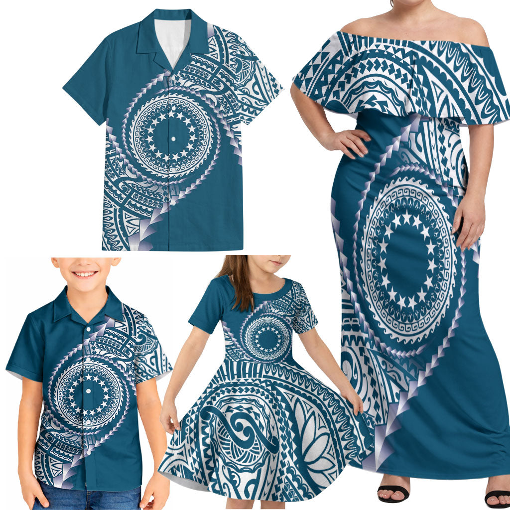 Cook Islands Gospel Day Family Matching Off Shoulder Maxi Dress and Hawaiian Shirt Blue Tribal Curves LT05 - Polynesian Pride
