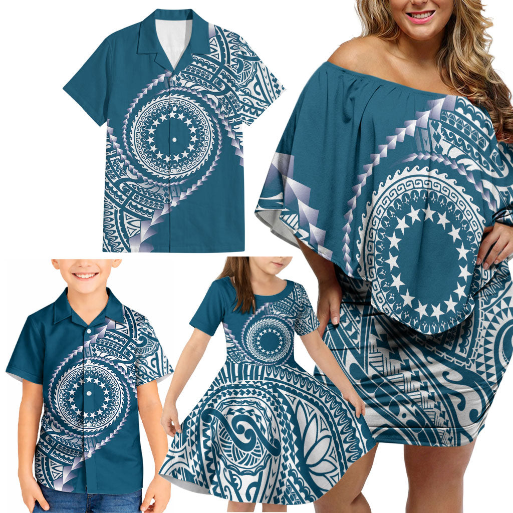 Cook Islands Gospel Day Family Matching Off Shoulder Short Dress and Hawaiian Shirt Blue Tribal Curves LT05 - Polynesian Pride