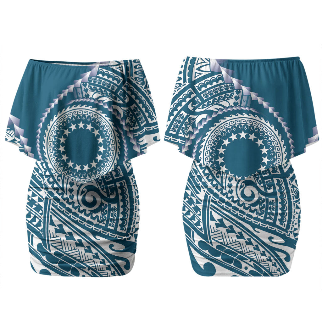 Cook Islands Gospel Day Family Matching Off Shoulder Short Dress and Hawaiian Shirt Blue Tribal Curves