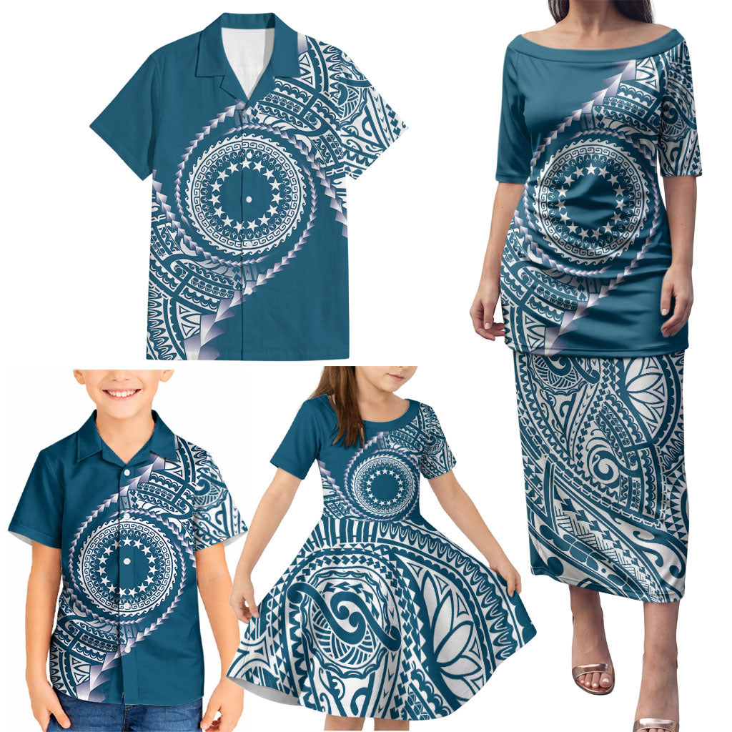 Cook Islands Gospel Day Family Matching Puletasi and Hawaiian Shirt Blue Tribal Curves LT05 - Polynesian Pride