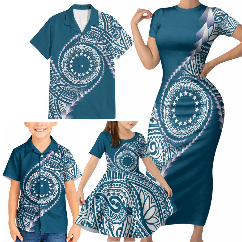 Cook Islands Gospel Day Family Matching Short Sleeve Bodycon Dress and Hawaiian Shirt Blue Tribal Curves