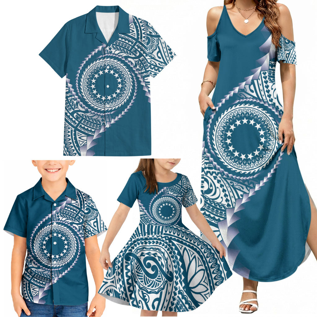 Cook Islands Gospel Day Family Matching Summer Maxi Dress and Hawaiian Shirt Blue Tribal Curves LT05 - Polynesian Pride